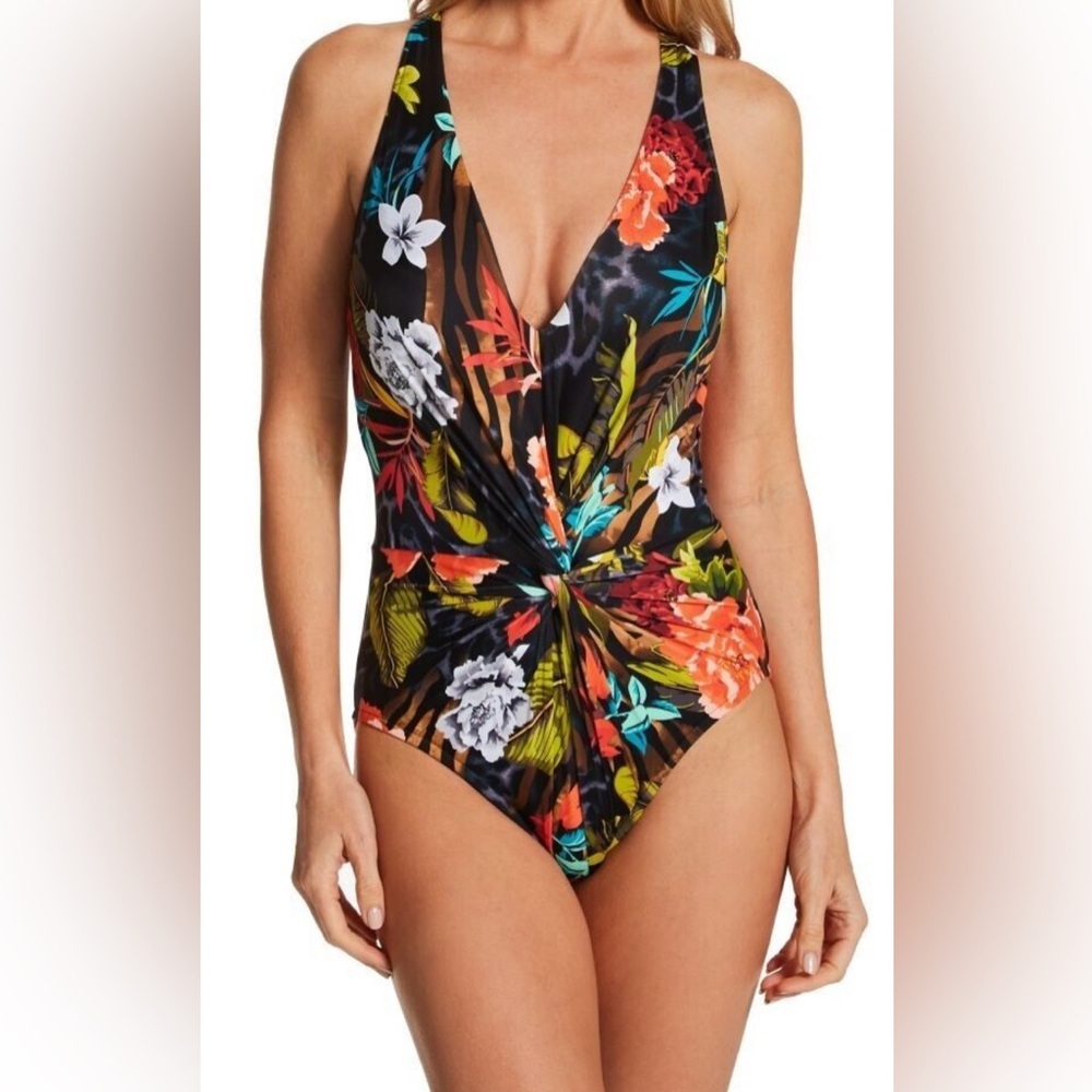Magicsuit | Slimming Black Floral Swimsuit | Twist Front | Strappy Back | 12